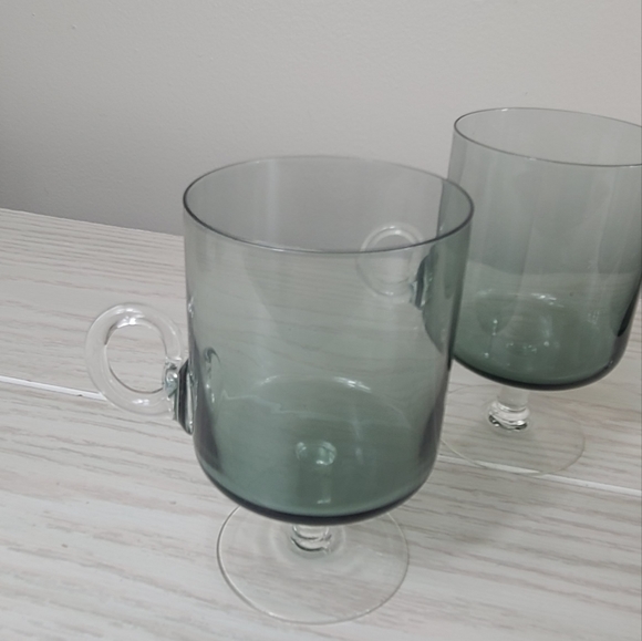 Vintage Hand Blown Smokey Glasses Footed Applied Handles - Picture 3 of 11